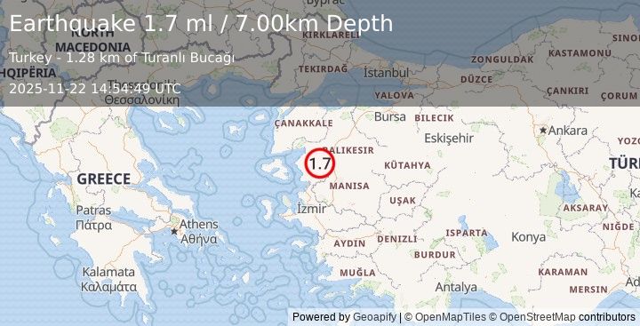 Earthquake WESTERN TURKEY (1.5 ml) (2025-11-22 14:55:17 UTC)