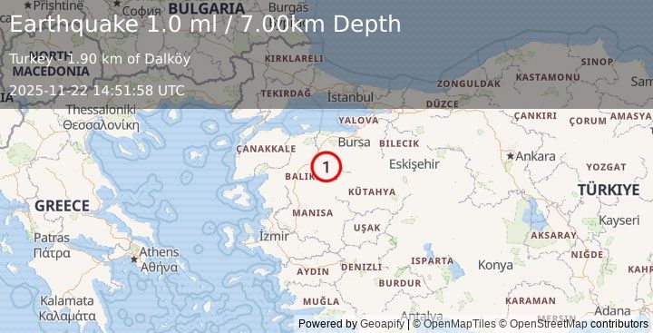 Earthquake WESTERN TURKEY (1.0 ml) (2025-11-22 14:51:58 UTC)