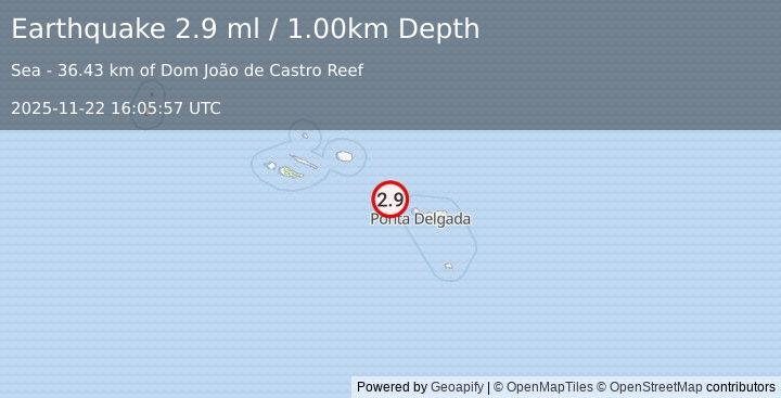 Earthquake AZORES ISLANDS, PORTUGAL (2.9 ml) (2025-11-22 16:05:57 UTC)