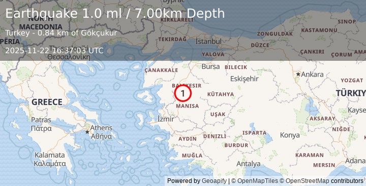 Earthquake WESTERN TURKEY (1.0 ml) (2025-11-22 16:37:03 UTC)