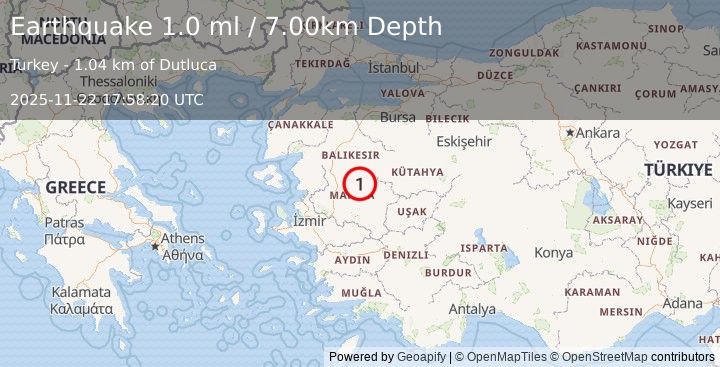 Earthquake WESTERN TURKEY (1.0 ml) (2025-11-22 17:58:20 UTC)