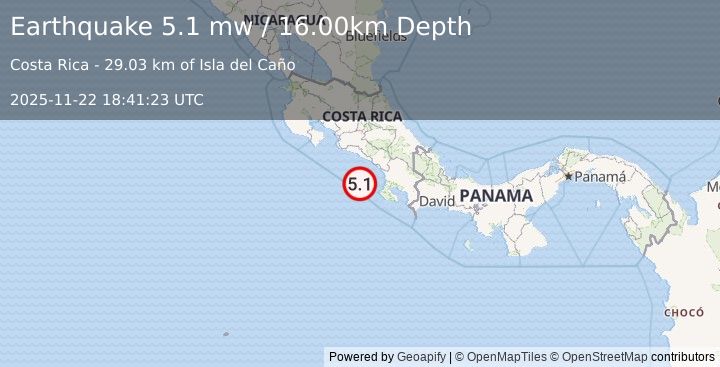 Earthquake OFF COAST OF COSTA RICA (5.1 mw) (2025-11-22 18:41:19 UTC)