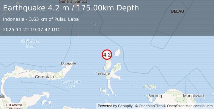 Earthquake MOLUCCA SEA (4.2 m) (2025-11-22 19:07:47 UTC)