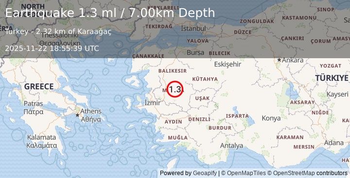 Earthquake WESTERN TURKEY (1.3 ml) (2025-11-22 18:55:39 UTC)