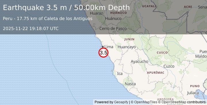 Earthquake NEAR COAST OF CENTRAL PERU (3.5 m) (2025-11-22 19:18:07 UTC)