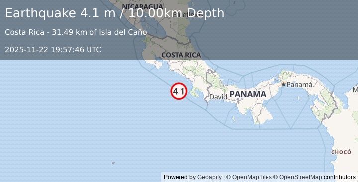 Earthquake OFF COAST OF COSTA RICA (4.1 m) (2025-11-22 19:57:46 UTC)