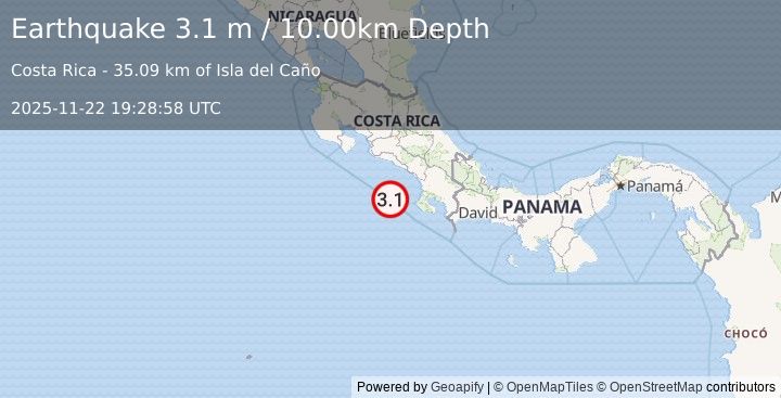 Earthquake OFF COAST OF COSTA RICA (3.1 m) (2025-11-22 19:28:58 UTC)