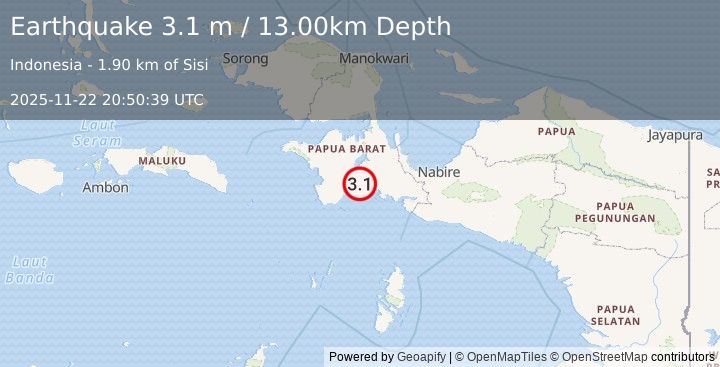 Earthquake PAPUA, INDONESIA (3.1 m) (2025-11-22 20:50:39 UTC)