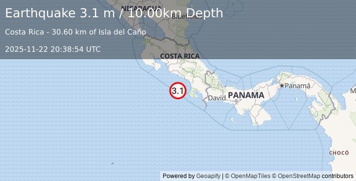 Earthquake OFF COAST OF COSTA RICA (3.1 m) (2025-11-22 20:38:54 UTC)