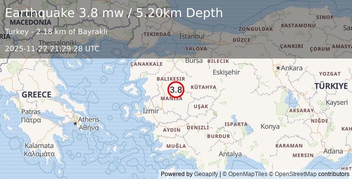 Earthquake WESTERN TURKEY (3.8 mw) (2025-11-22 21:29:28 UTC)