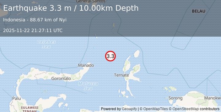 Earthquake MOLUCCA SEA (3.3 m) (2025-11-22 21:27:11 UTC)