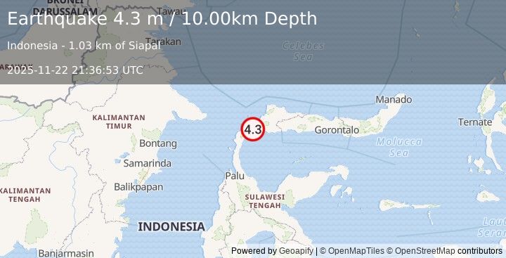 Earthquake MINAHASA, SULAWESI, INDONESIA (4.3 m) (2025-11-22 21:36:53 UTC)