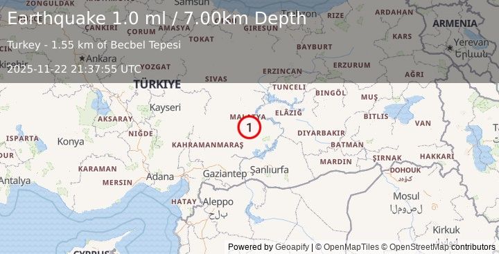 Earthquake EASTERN TURKEY (1.0 ml) (2025-11-22 21:37:55 UTC)
