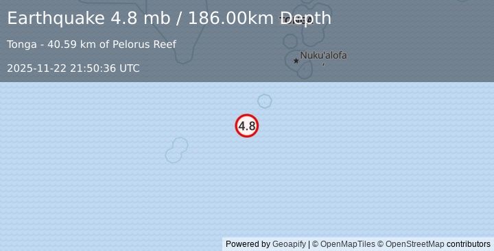 Earthquake SOUTH OF FIJI ISLANDS (4.8 mb) (2025-11-22 21:50:36 UTC)