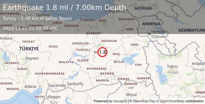 Earthquake EASTERN TURKEY (1.8 ml) (2025-11-22 21:50:10 UTC)
