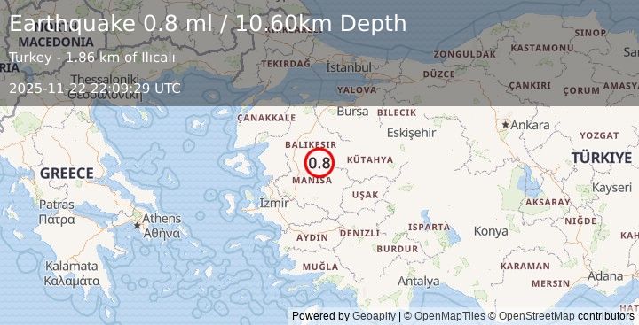 Earthquake WESTERN TURKEY (0.8 ml) (2025-11-22 22:09:29 UTC)