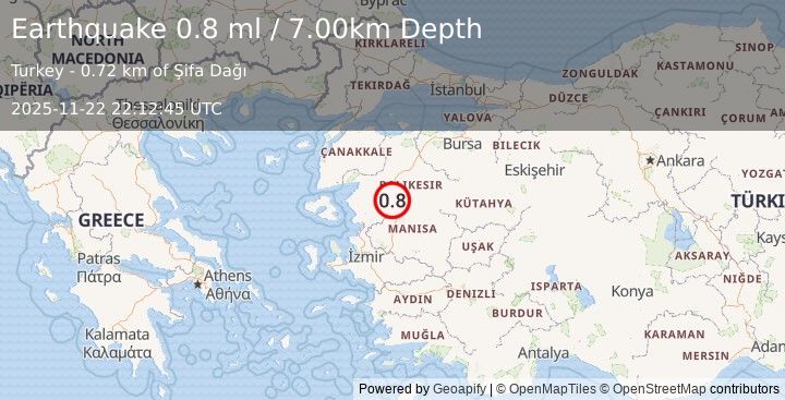 Earthquake WESTERN TURKEY (0.9 ml) (2025-11-22 22:12:22 UTC)
