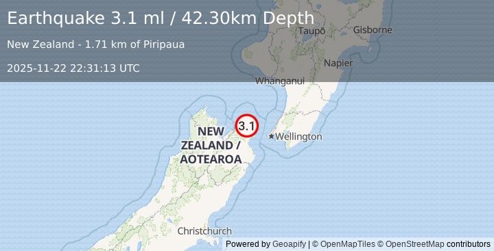 Earthquake SOUTH ISLAND OF NEW ZEALAND (3.1 ml) (2025-11-22 22:31:13 UTC)