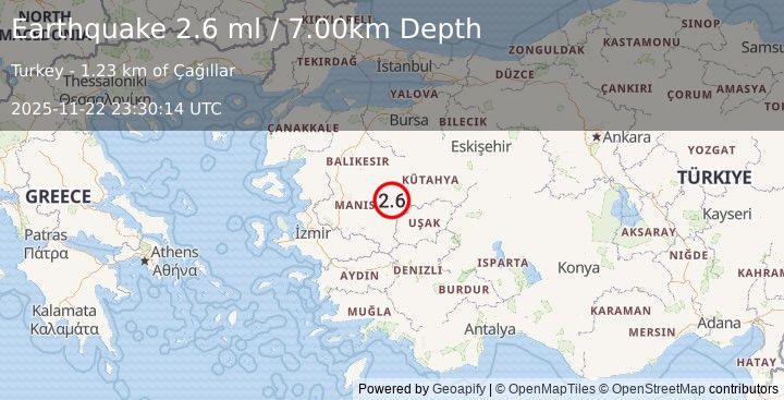 Earthquake WESTERN TURKEY (1.9 ml) (2025-11-22 23:30:15 UTC)