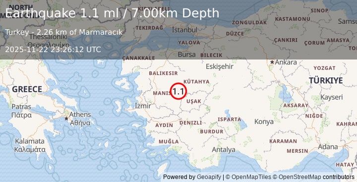 Earthquake WESTERN TURKEY (1.1 ml) (2025-11-22 23:26:12 UTC)