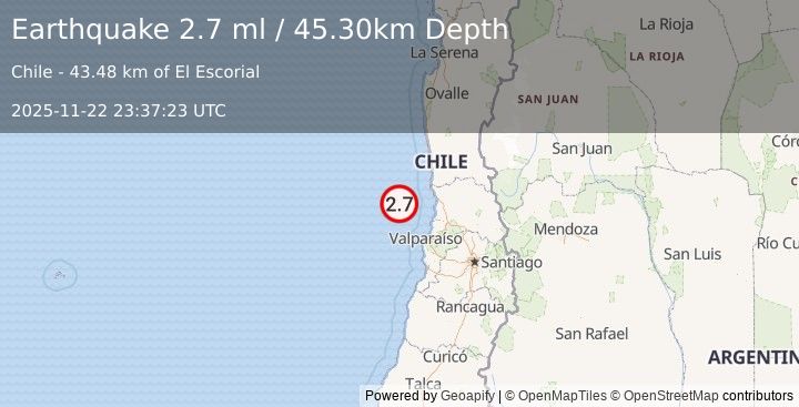 Earthquake OFFSHORE VALPARAISO, CHILE (2.7 ml) (2025-11-22 23:37:23 UTC)