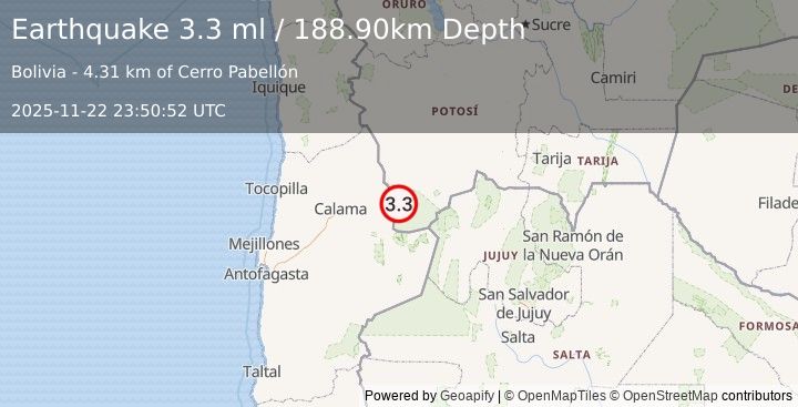 Earthquake POTOSI, BOLIVIA (3.3 ml) (2025-11-22 23:50:52 UTC)