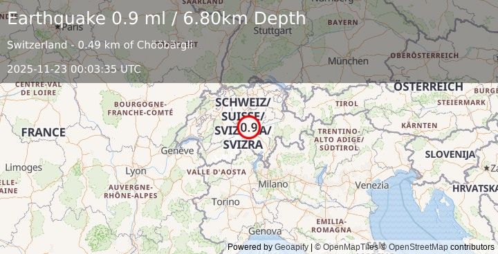 Earthquake SWITZERLAND (0.9 ml) (2025-11-23 00:03:35 UTC)