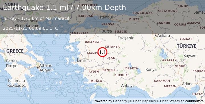 Earthquake WESTERN TURKEY (1.1 ml) (2025-11-23 00:09:01 UTC)