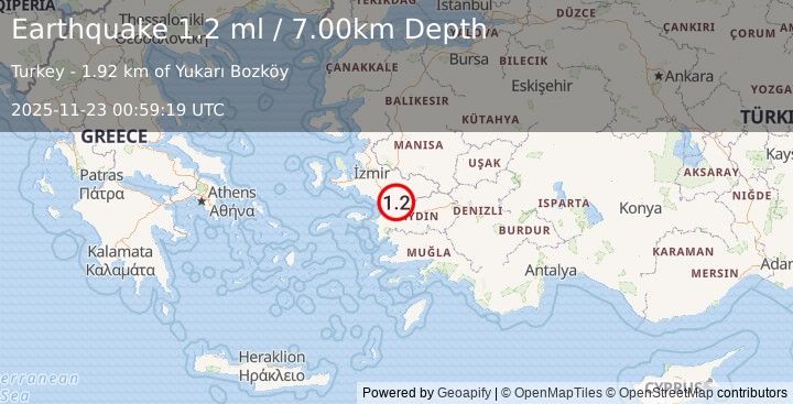 Earthquake WESTERN TURKEY (1.2 ml) (2025-11-23 00:59:19 UTC)