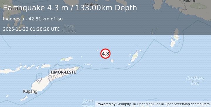 Earthquake KEPULAUAN BABAR, INDONESIA (4.3 m) (2025-11-23 01:28:28 UTC)