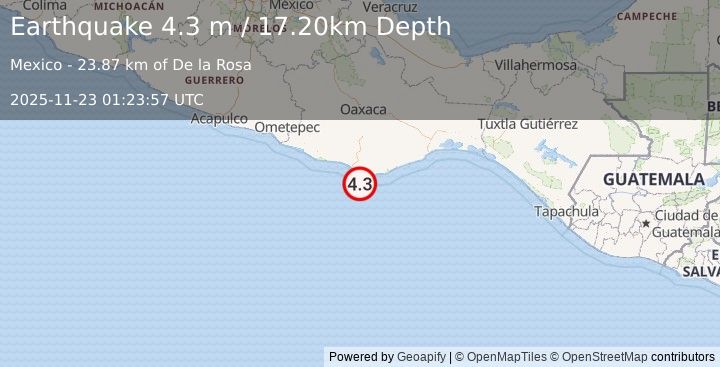 Earthquake OFFSHORE OAXACA, MEXICO (4.3 m) (2025-11-23 01:23:57 UTC)