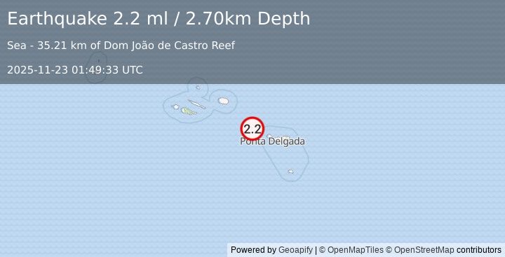 Earthquake AZORES ISLANDS, PORTUGAL (2.2 ml) (2025-11-23 01:49:33 UTC)