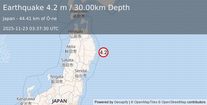 Earthquake NEAR EAST COAST OF HONSHU, JAPAN (4.2 m) (2025-11-23 03:37:30 UTC)