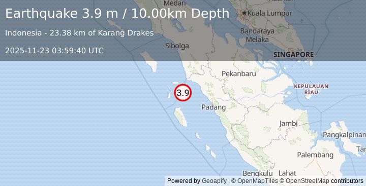 Earthquake SOUTHERN SUMATRA, INDONESIA (3.9 m) (2025-11-23 03:59:40 UTC)