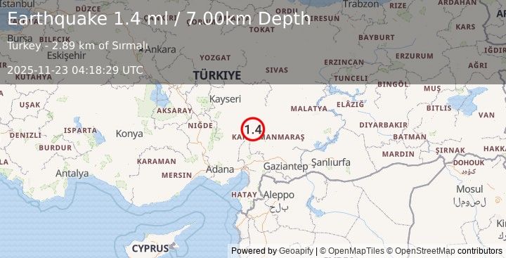 Earthquake CENTRAL TURKEY (1.4 ml) (2025-11-23 04:18:31 UTC)