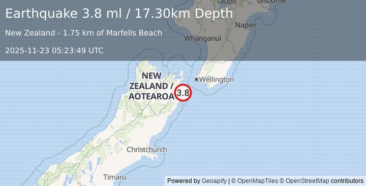 Earthquake COOK STRAIT, NEW ZEALAND (3.8 ml) (2025-11-23 05:23:49 UTC)