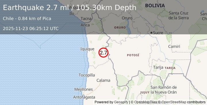 Earthquake TARAPACA, CHILE (2.7 ml) (2025-11-23 06:25:12 UTC)