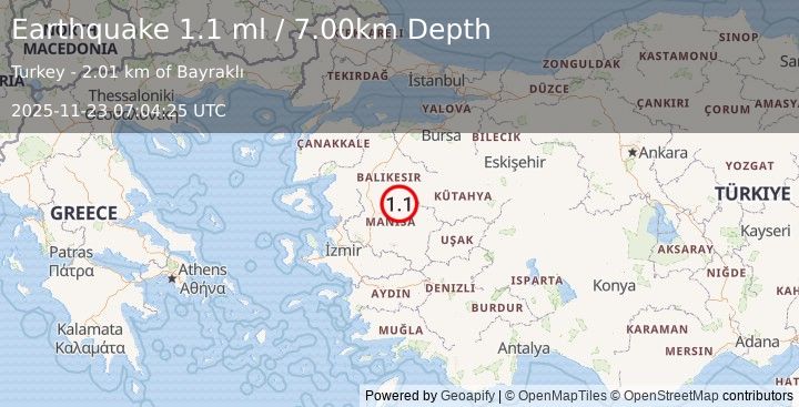 Earthquake WESTERN TURKEY (1.1 ml) (2025-11-23 07:04:25 UTC)