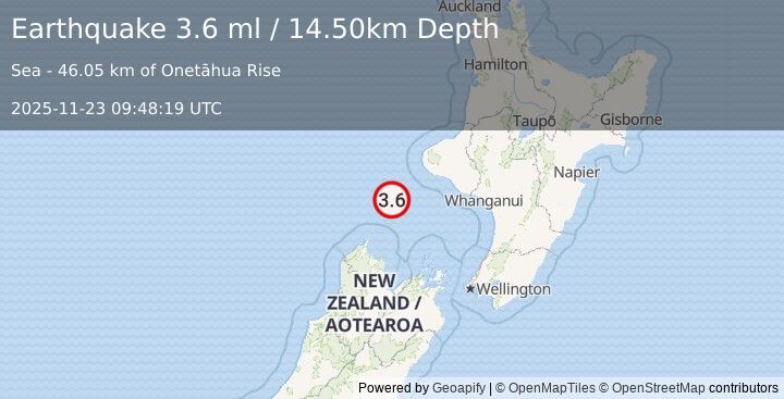 Earthquake OFF W. COAST OF N. ISLAND, N.Z. (3.6 ml) (2025-11-23 09:48:19 UTC)
