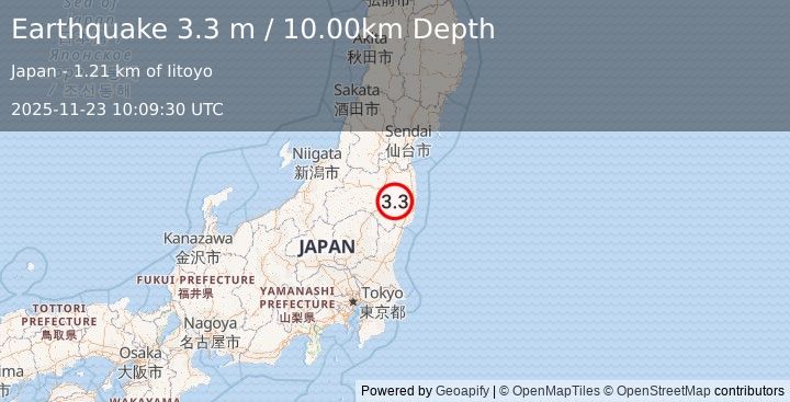 Earthquake EASTERN HONSHU, JAPAN (3.3 m) (2025-11-23 10:09:30 UTC)
