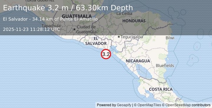 Earthquake OFFSHORE EL SALVADOR (3.2 m) (2025-11-23 11:28:12 UTC)