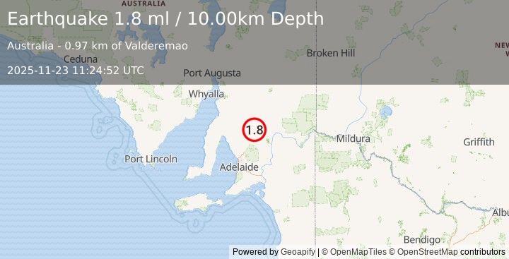 Earthquake NEAR COAST OF SOUTH AUSTRALIA (1.8 ml) (2025-11-23 11:24:52 UTC)