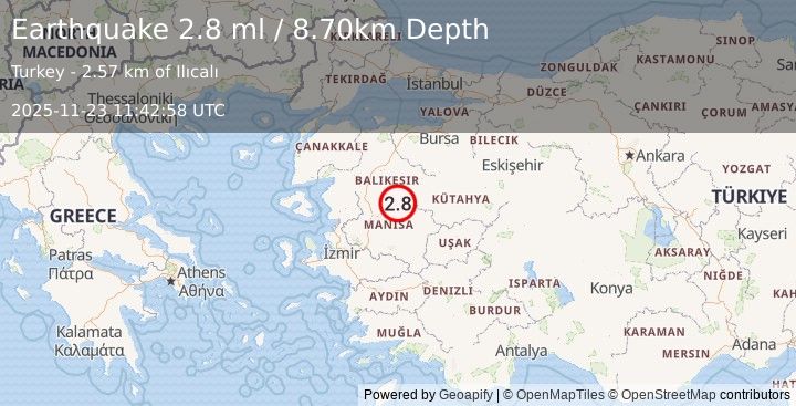 Earthquake WESTERN TURKEY (2.8 ml) (2025-11-23 11:42:58 UTC)