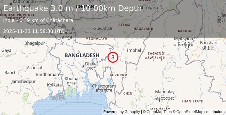 Earthquake INDIA-BANGLADESH BORDER REGION (3.0 m) (2025-11-23 11:58:38 UTC)