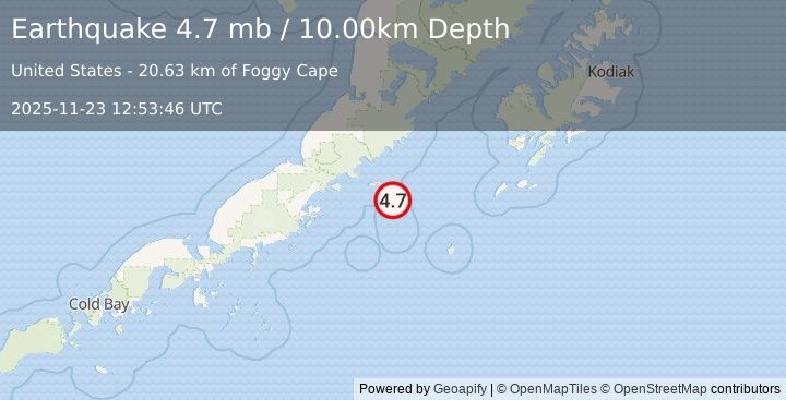 Earthquake ALASKA PENINSULA (4.7 mb) (2025-11-23 12:53:46 UTC)