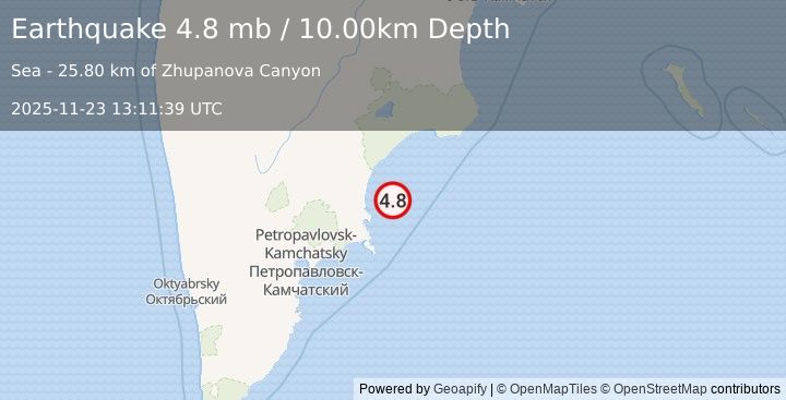Earthquake NEAR EAST COAST OF KAMCHATKA (4.4 mb) (2025-11-23 13:11:46 UTC)