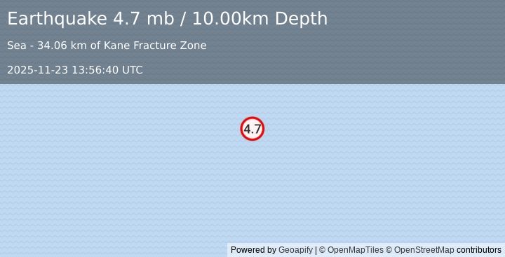 Earthquake NORTHERN MID-ATLANTIC RIDGE (4.7 mb) (2025-11-23 13:56:40 UTC)