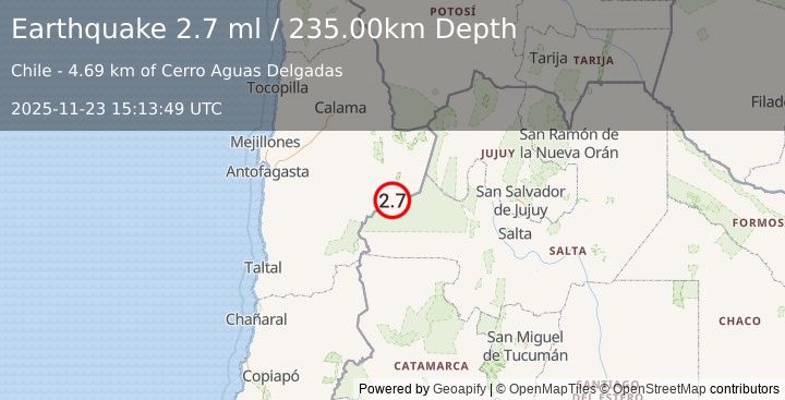 Earthquake ANTOFAGASTA, CHILE (2.7 ml) (2025-11-23 15:13:49 UTC)