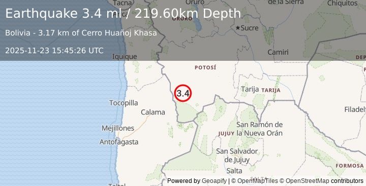 Earthquake POTOSI, BOLIVIA (3.4 ml) (2025-11-23 15:45:26 UTC)
