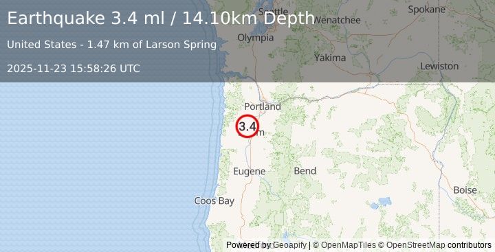 Earthquake OREGON (3.4 ml) (2025-11-23 15:58:26 UTC)